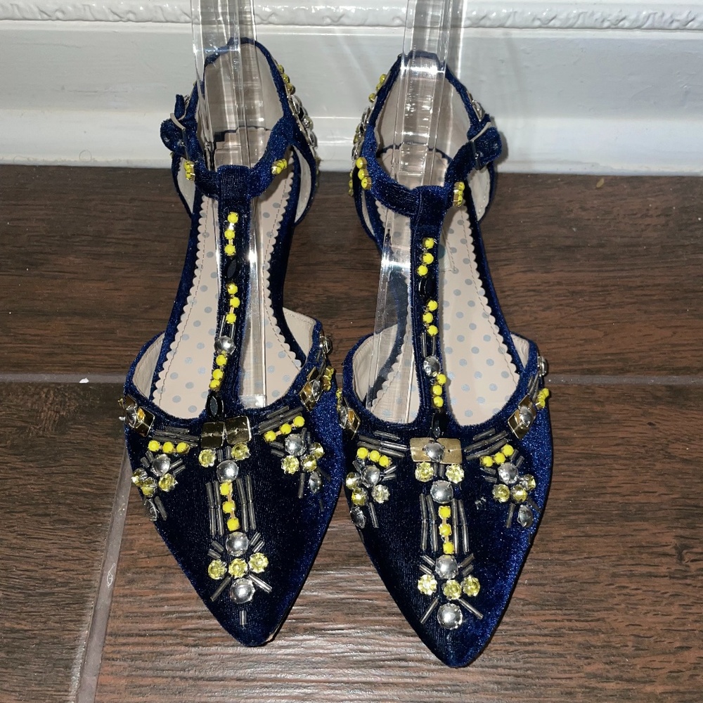 BODEN Blue Velet Embellished T Strap Pointed Toe Mary Jane Loafer Shoes 38